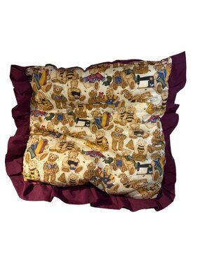 Quilted Throw Pillow Rocking Chair Quilting Bee Bear Print Ruffle 16 X 17.5"